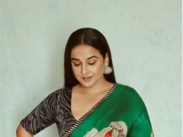 Vidya Balan in a floral green saree by Yam for Sherni promotions