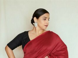 Vidya Balan in a red saree by Rouka for Sherni -2