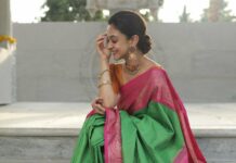 aishwarya arjun in bhargavi kunnam saree for her family temple opening day -2-1