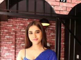 Nabha Natesh in a blue saree by sindhu reddy for a store opening-1