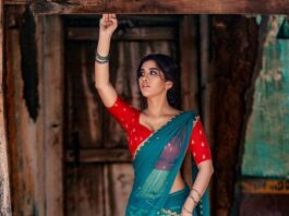 Nabha Natesh in a turquoise half saree by mahitha prasad