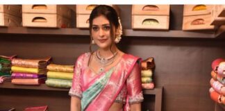 Payal Rajput in a sky blue saree by Vedic weaves for shop opening-1