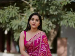 Rashmi gautam in a pink bandhej saree by anvitha