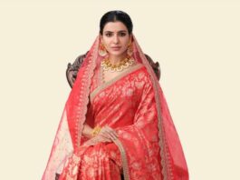 Samantha Akkineni in a red saree from golden threads by Kavitha gutta