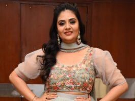 Sreemukhi in a grey tulle lehenga at Crazy uncles pre-release