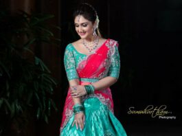 Sridevi vijaykumar in a sky blue half saree by mugdha art studio for comedy stars