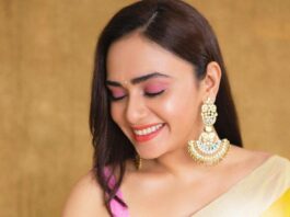 Amruta Khanvilkar in a lime yellow mint and oranges saree for an ott launch-4