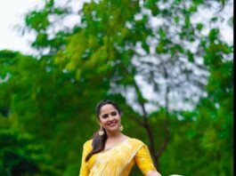 Anasuya Bhradwaj in yellow half saree by Gauri Naidu for Jabardasth