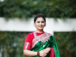 Thabitha Sukumar in green-red saree for Ganesh chaturthi-3