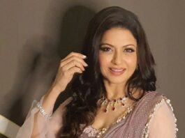 bhagyashree in a brown saree