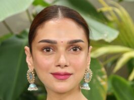 Aditi Rao Hydari in Turquiose gharara set by Punit Balana at Mahasamudram promotions-4