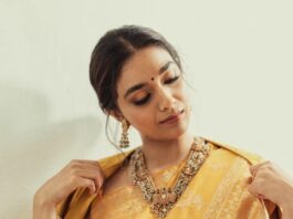 Keerthy Suresh in a mustard saree by kasturi kundal for a store opening-4