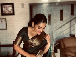 Nivetha Thomas in a green pattu saree