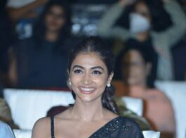 Pooja Hegde in a black saree for MEB grand success meet3