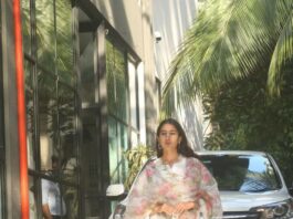 Sara ali khan in white kurta set with floral dupatta at maddock office