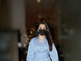 Trisha Krishnan in a blue striped shirt at the airport0