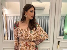 Hansika Motwani in floral printed ruffle saree from Prints by radhika for diwali'21-3