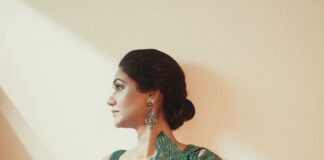 Sneha reddy in green pre-draped saree by Amit aggarwal for diwali party'21