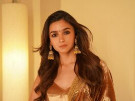 Alia Bhatt in gold lehenga by sabyasachi for rrr promotions-1