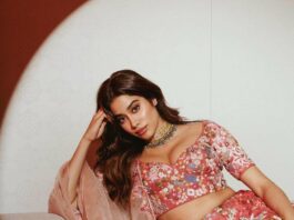 Janhvi kapoor in coral rahul mishra lehenga