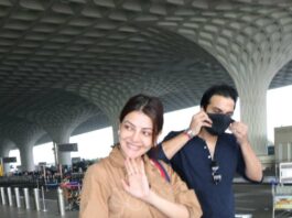 Kajal aggarwal in a biscuit trench coat dress by Cord at airport-3