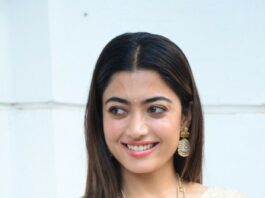 Rashmika Mandanna in a beige saree at pushpa interview-2