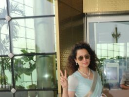 Kangana Ranaut in a blue saree at airport