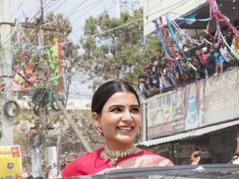 samantha in a pink saree at a shop opening-2