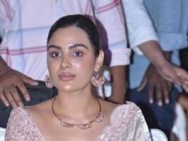 samyuktha menon in a blush pink saree for bheemla nayak pre-release event-2