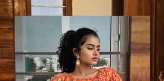 Anupama Parameswaran in orange pre draped saree by seharre-2