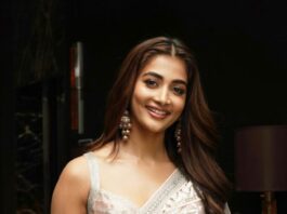 Pooja Hegde in an ivory saree at Radhe shyam promotions-3