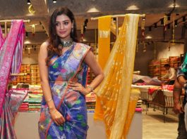 payal rajput in a blue saree at mugdha studio launch1