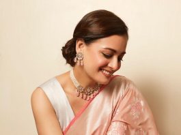 dia mirza in a peach saree by ekaya benaras clothing