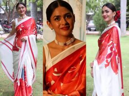 mrunal thakur in a ivory saree for sitha ramam song release-featured