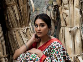 regina cassandra in ivory saree by mavvuri silks