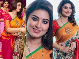 sneha prasanna in a kalamkari saree by anya's for a shop opening-featured