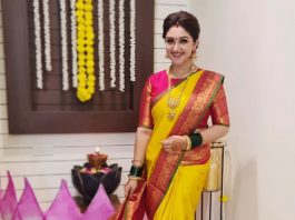 sridevi vijaykumar in yeelow silk saree for a puja