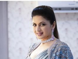 bhagyashree in powder blue saree by anjalee arjun kapoor