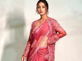 hina khan in a pink torani saree