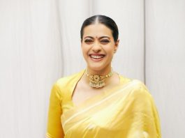 kajol in a yellow raw mango saree for lalbaug visit1