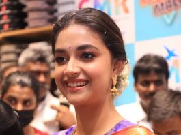 keerthy suresh in a silk saree by chennai shopping mall for an opening!2