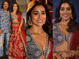 shriya saran in a pink lehenga by jayanti reddy for kabzaa teaser launch-featured