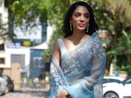 sobhita dhulipala in blue saree at ps1 promotions