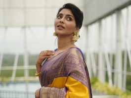 aishwarya lekshmi in a yellow silk saree by milange for kumari trailer launch1