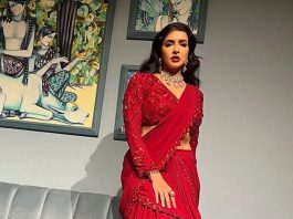 lakshmi manchu in red pre draped saree by nidhika shekhar1