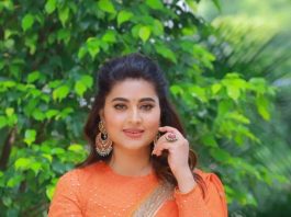 sneha prasanna in orange saree by geethu haute couture2