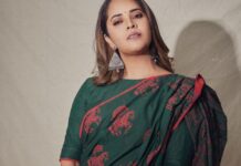 anasuya bharadwaj in a green saree by sreemukhi for an event2