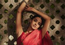 meenakshi chaudhary in a red saree by picchika for hit2-2