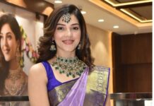 mehreen pirzada in lilac saree for manepally jewellers1