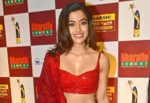 rashmika mandanna in a red lehenga for sakshi awards'21-3